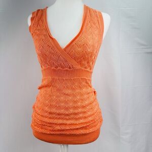 CACHE Y2K Women Orange Knit  Babydoll Tunic Top V-Neck Textured Tiered Crochet S